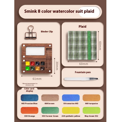 Portable Mini Walnut Watercolor Set with 8 Colors for Sketching & Journaling
