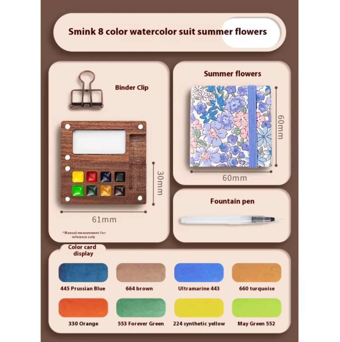 Portable Mini Walnut Watercolor Set with 8 Colors for Sketching & Journaling